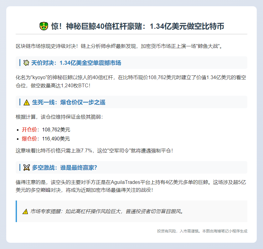 鲸鱼40倍杠杆做空1240枚BTC，仓位1.34亿