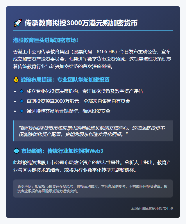 传承教育拟投3000万港元购加密货币