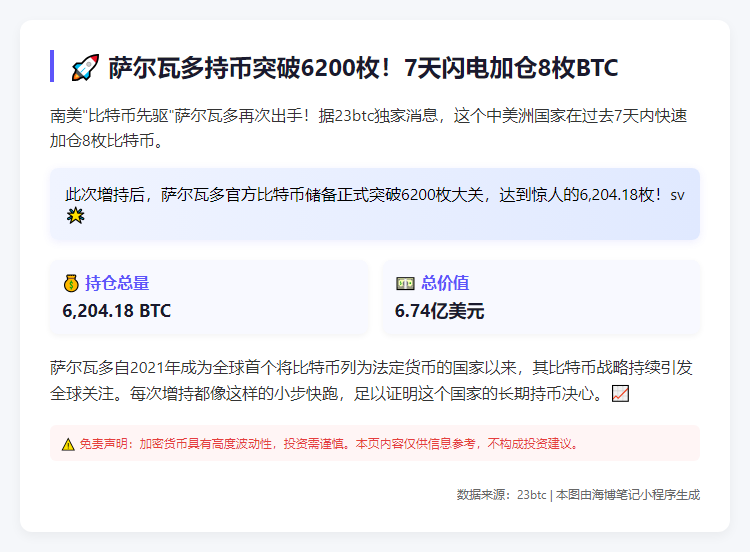 萨尔瓦多7天增持8枚BTC 持仓达6204枚