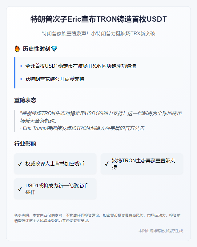 特朗普次子Eric宣布TRON铸造首枚USDT