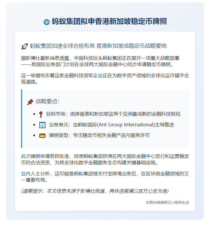 蚂蚁集团拟申香港新加坡稳定币牌照