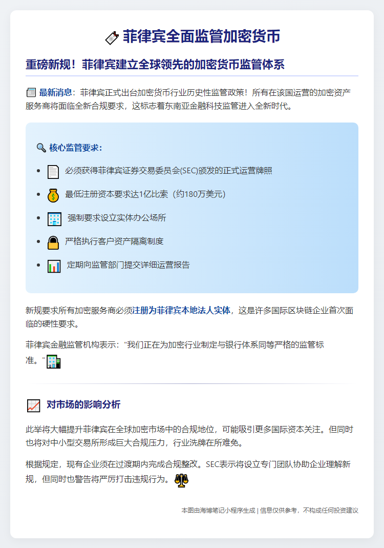 菲律宾全面监管加密货币 须持牌并满足资本要求