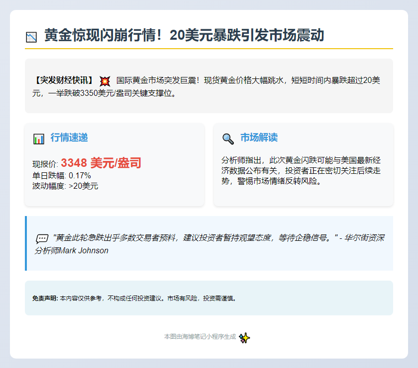 1. 黄金短线急跌20美元，失守3350关口  
2. 现货黄金跌破3350，日内挫20美元  
3. 金价急跌20美元至3350下方  
4. 黄金短线跌破3350，跌超20美元  
5. 金价闪跌20美元失守3350