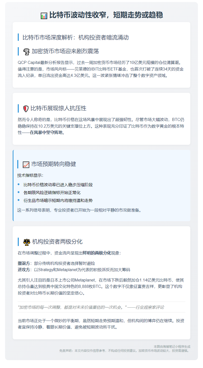 比特币波动性收窄，短期走势或趋稳