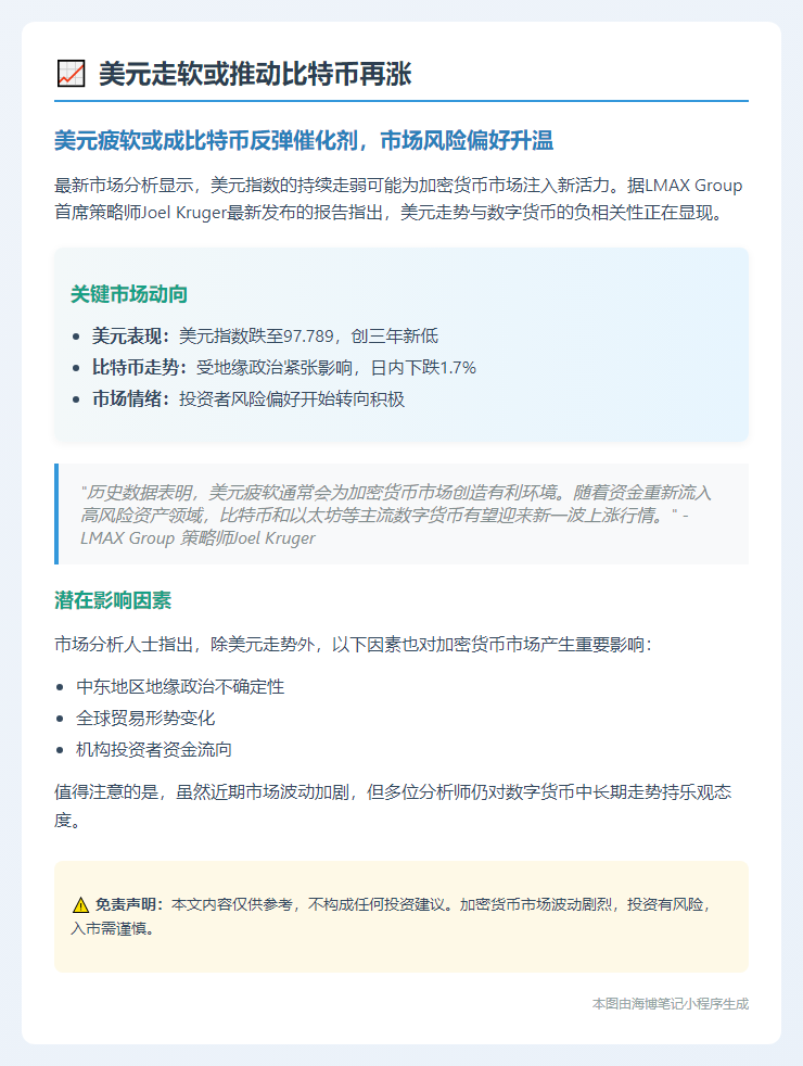 美元走软或推动比特币再涨