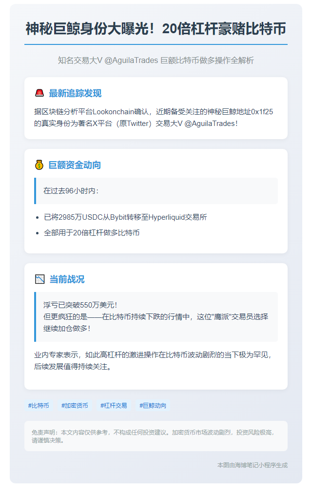 20倍杠杆BTC巨鲸系Aguila Trades