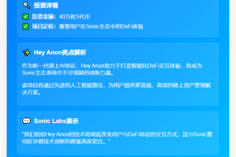 Sonic Labs投资40万S代币于Hey Anon
