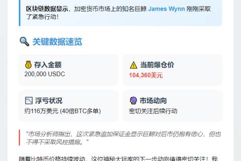 巨鲸再加仓20万USDC，爆仓价降至10.4万