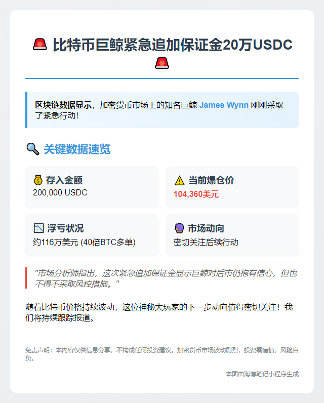 巨鲸再加仓20万USDC，爆仓价降至10.4万