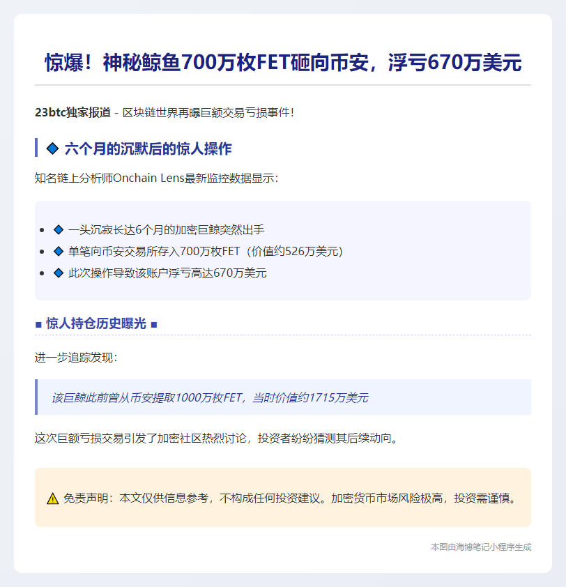 巨鲸抛售700万FET，亏损670万美元
