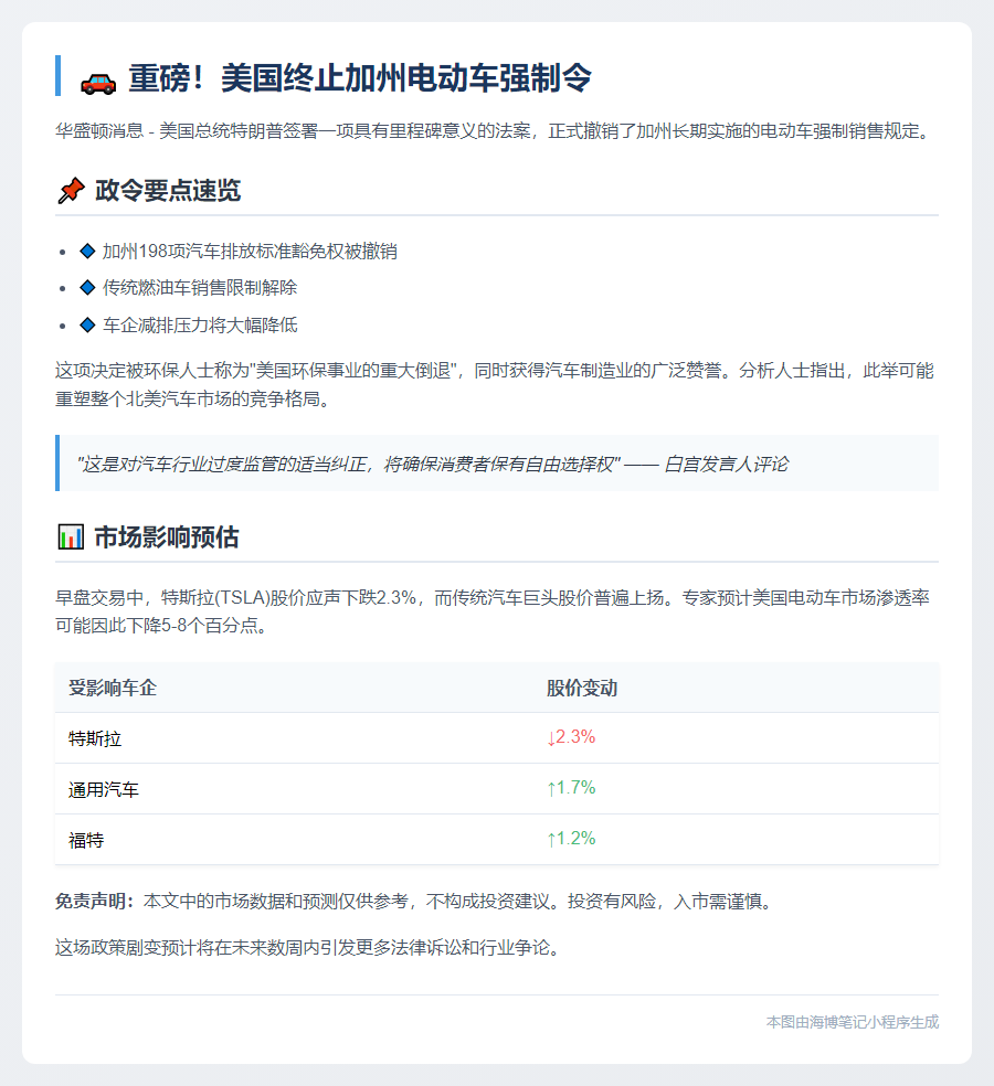 特朗普签署法案废除加州电动车令