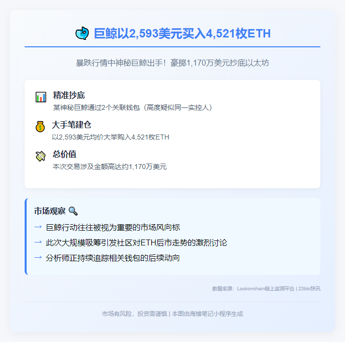 巨鲸以2593美元买入4521枚ETH