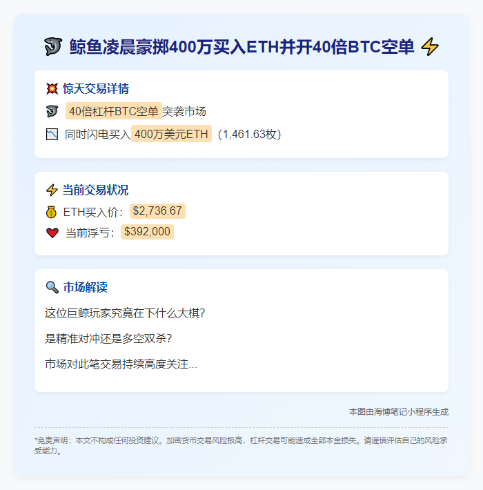 鲸鱼凌晨豪掷400万买入ETH并开40倍BTC空单