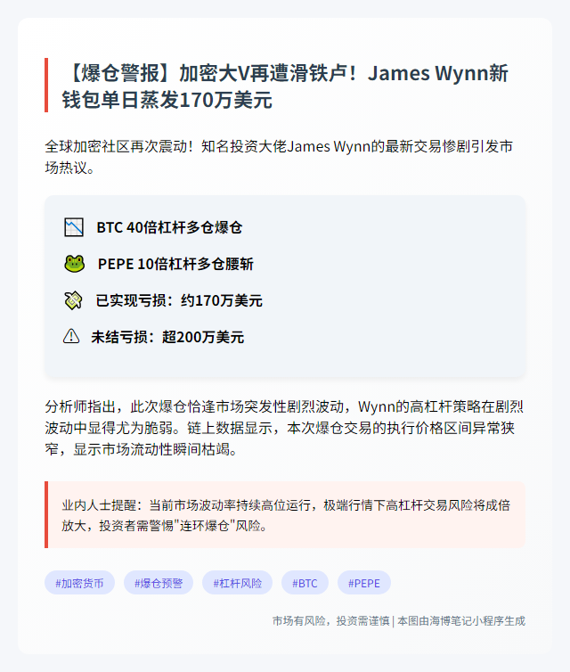 Wynne遭清算，BTC、PEPE亏损170万