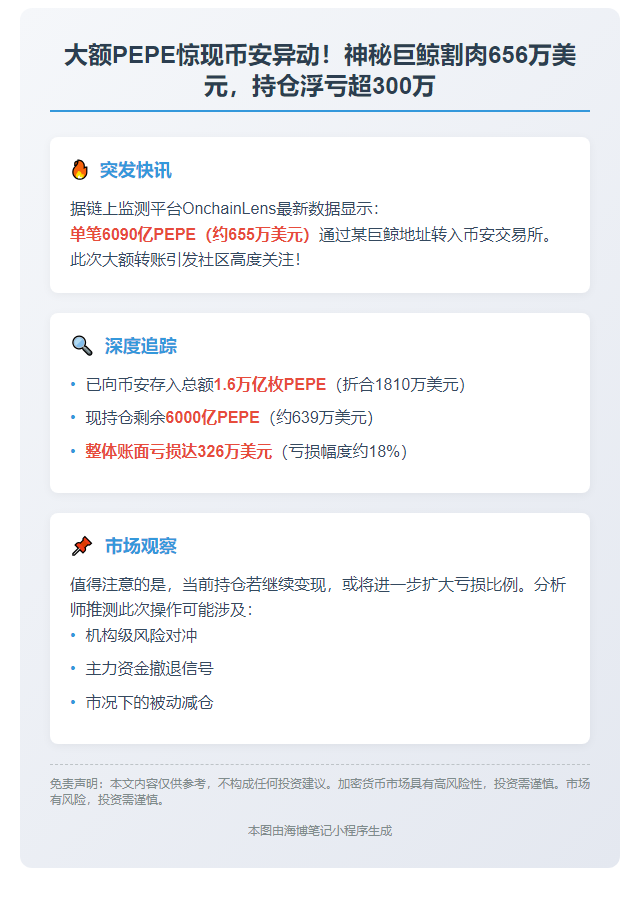 鲸鱼再存655万刀PEPE，浮亏326万