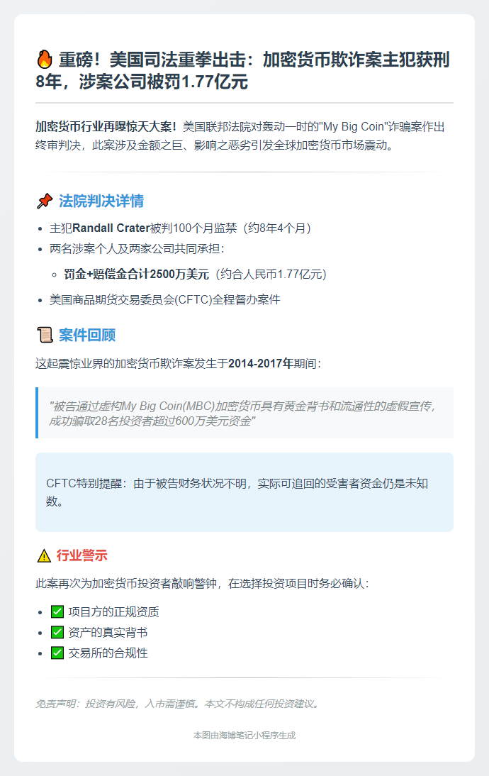 美联邦法院罚My Big Coin案2500万美元
