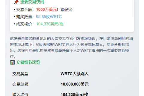 鲸鱼增持95.85枚WBTC，均价10.4万美元