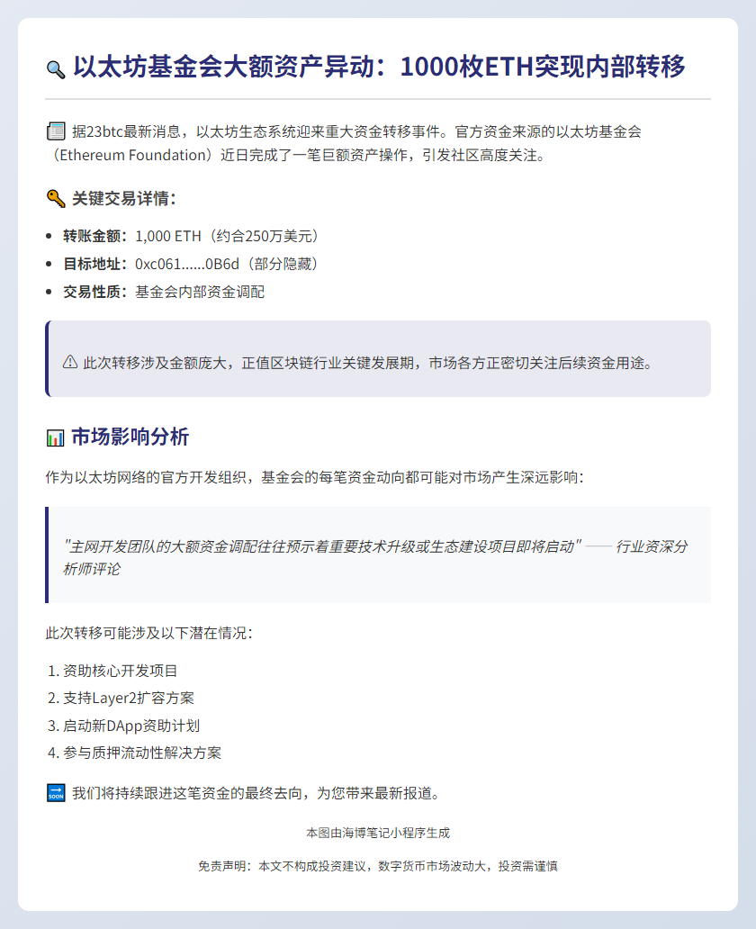 "以太坊基金会转移1000枚ETH"