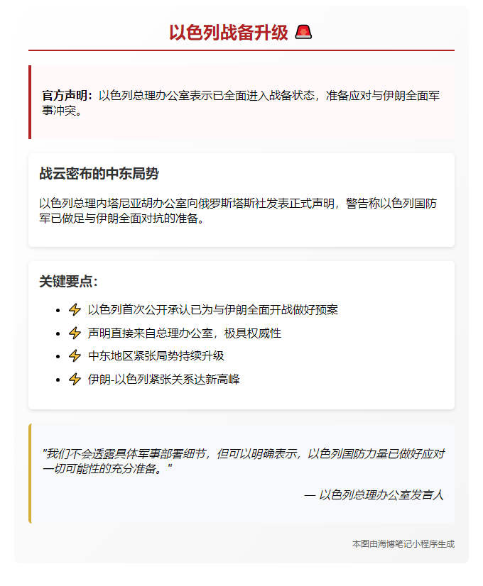 以总理办公室：以色列准备应对与伊朗全面开战