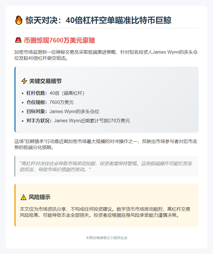 交易员40倍杠杆做空BTC，仓位7600万美元