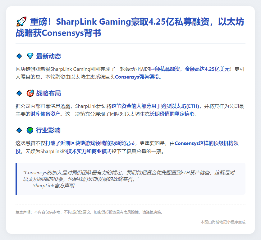SharpLink获4.25亿美元融资