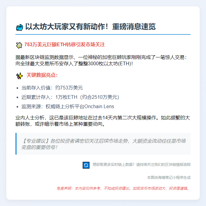 巨鲸转3000 ETH至币安 价值753万美元