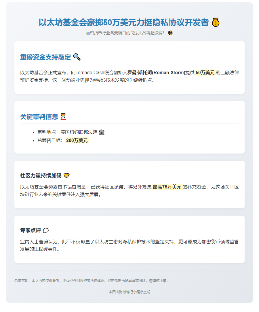 基金会为Tornado Cash创始人捐款50万应对审判