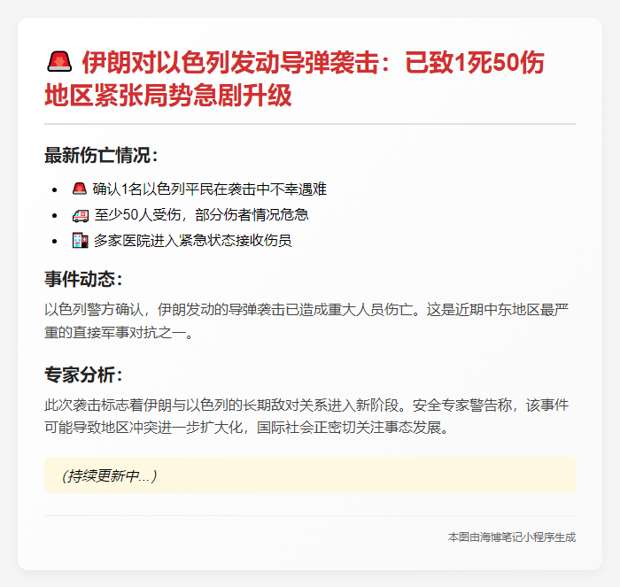伊朗导弹袭以致1死50伤