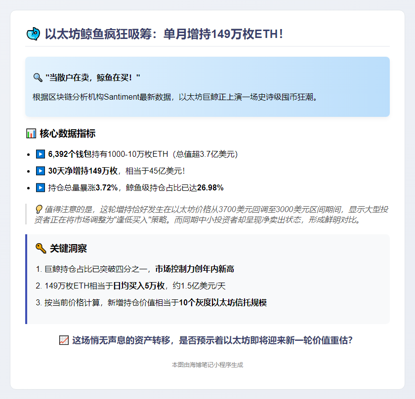 千至十万枚ETH钱包达6,392家，月增持149万枚