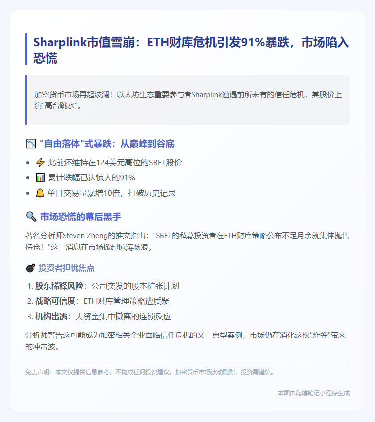 Sharplink暴跌91%，ETH财库引恐慌
