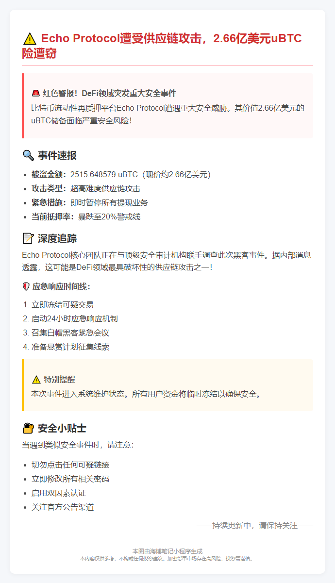 “Echo Protocol遭攻击失2.66亿，暂停提现”

“超2.66亿uBTC被盗，Echo Protocol暂停提现”

“Echo Protocol被黑损失2.66亿，现停提款”

“2.66亿美元uBTC被盗，Echo Protocol停提现”插图