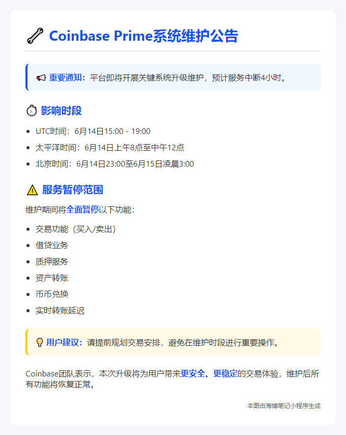 Coinbase Prime系统维护，停服4小时