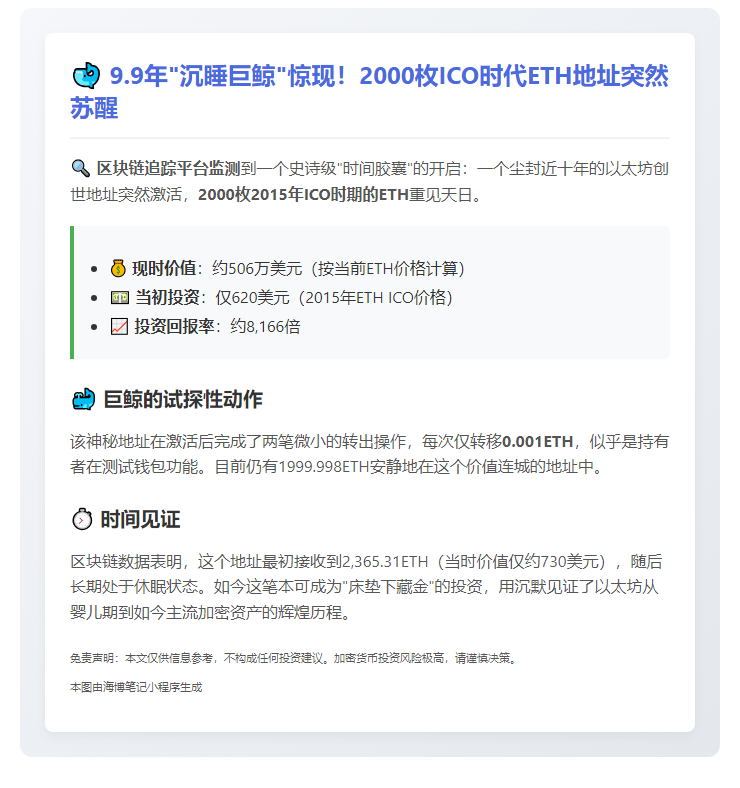 "休眠近10年以太坊鲸鱼苏醒 转出0.002ETH"