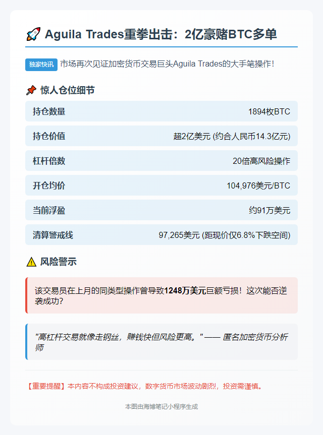 交易员Aguila Trades再买BTC，浮盈91万美元