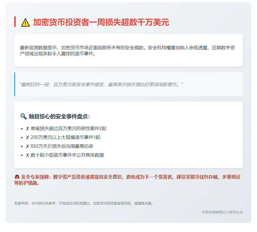 单周加密货币损失超650万美元