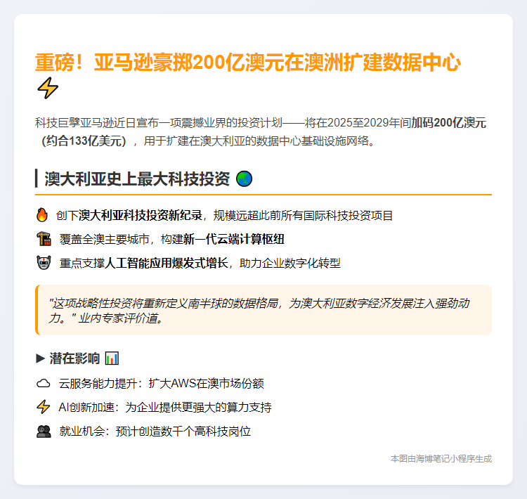 亚马逊豪掷200亿澳元扩建澳洲数据中心