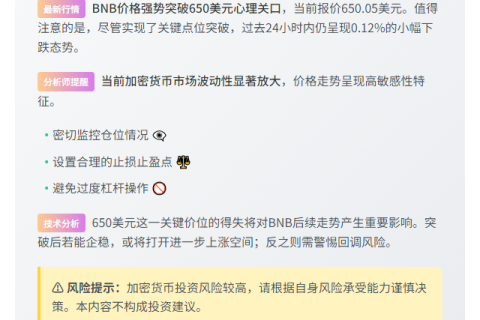 ```
BNB突破650美元大关
```
