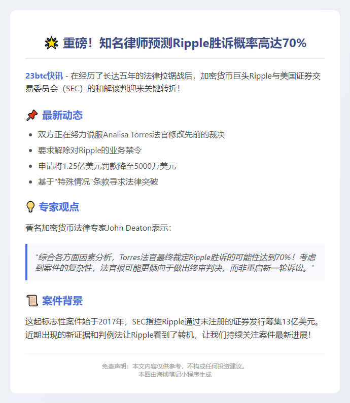 Ripple诉美SEC胜算达70%