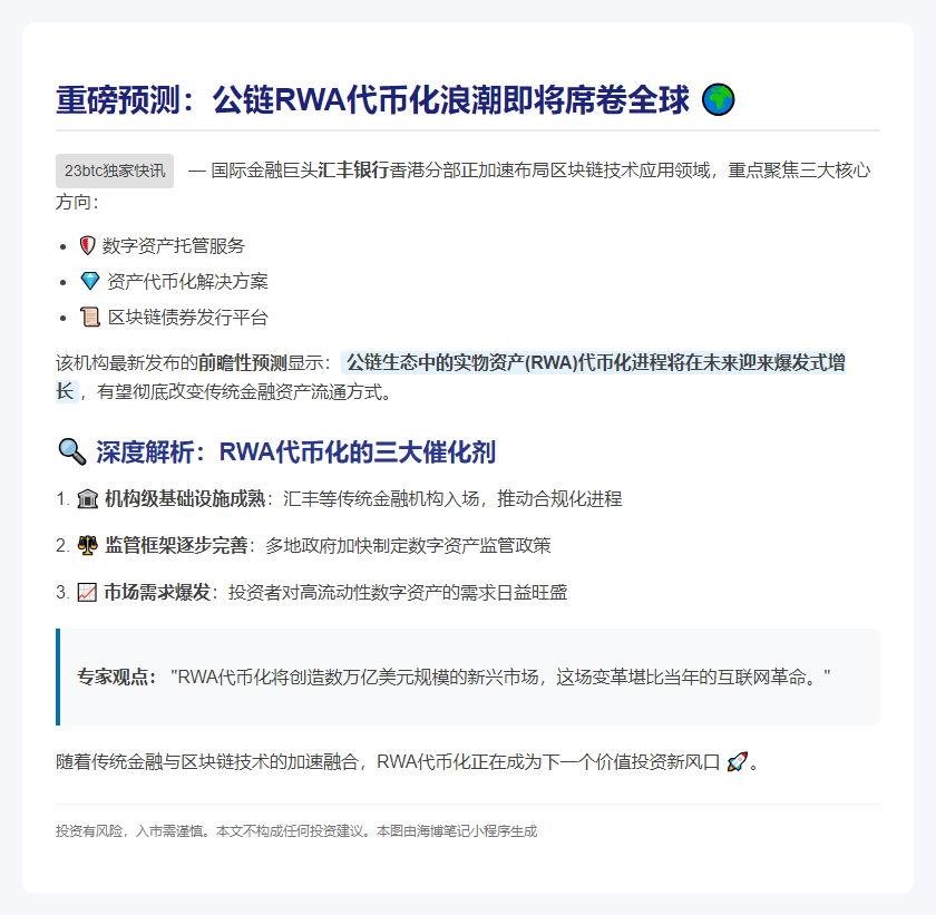 汇丰：RWA代币化未来2-5年或激增