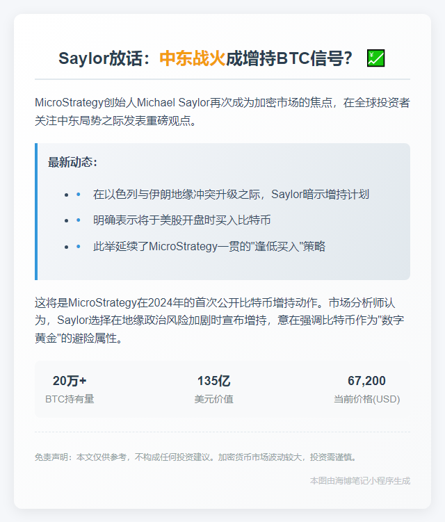 Saylor: 以伊冲突将增持比特币