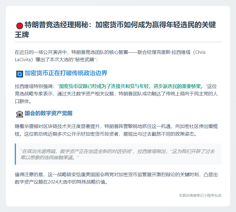 特朗普竞选经理：加密币议题助共和党吸引左倾选民