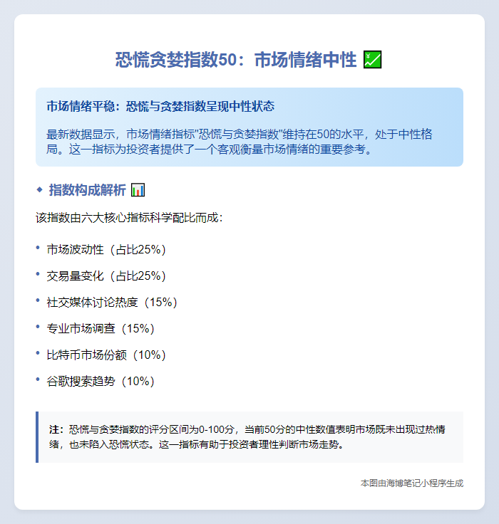 恐慌贪婪指数50：市场情绪中性