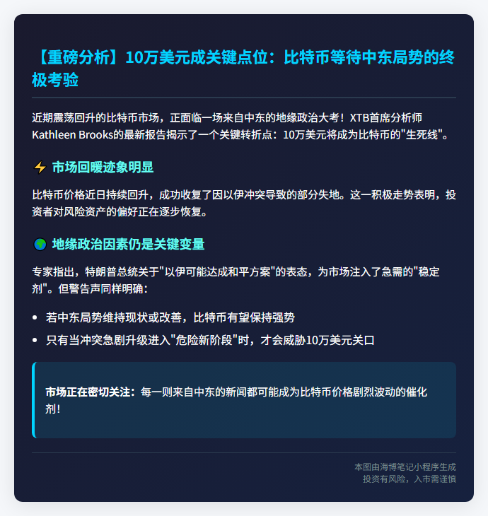 分析：中东动荡或致比特币跌破10万美元