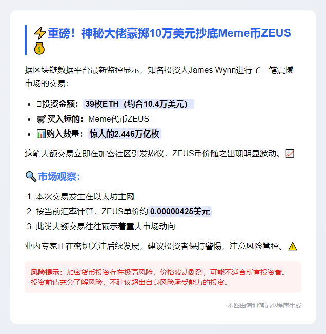 James Wynn豪掷10.4万美元购ZEUS币
