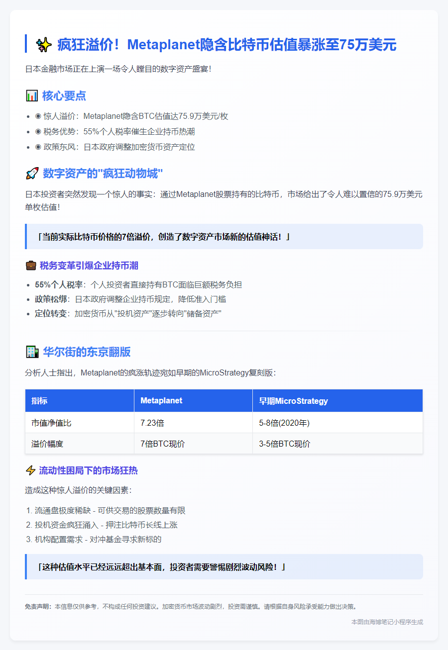 "Metaplanet估值达75.9万/BTC"