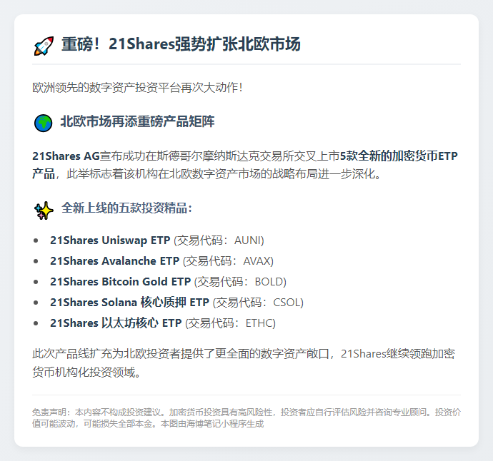 21Shares在纳斯达克斯德哥尔摩上新五款加密ETP