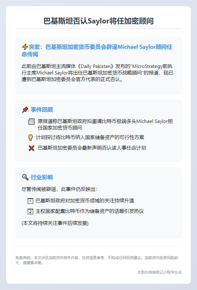 巴基斯坦否认Saylor将任加密顾问