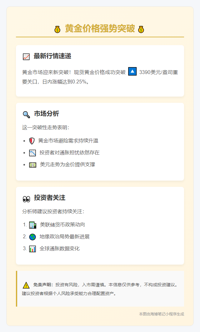 金价突破3390美元