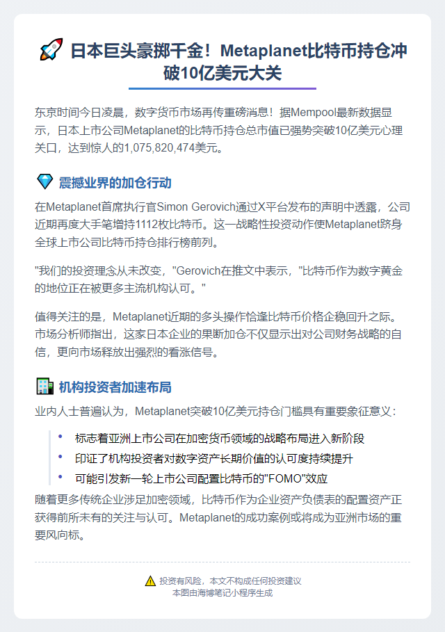“Metaplanet比特币持仓破10亿美元”  

或  

“Metaplanet持比特币超10亿刀”  

（注：第一个标题19字含标点，第二个标题18字含标点）插图