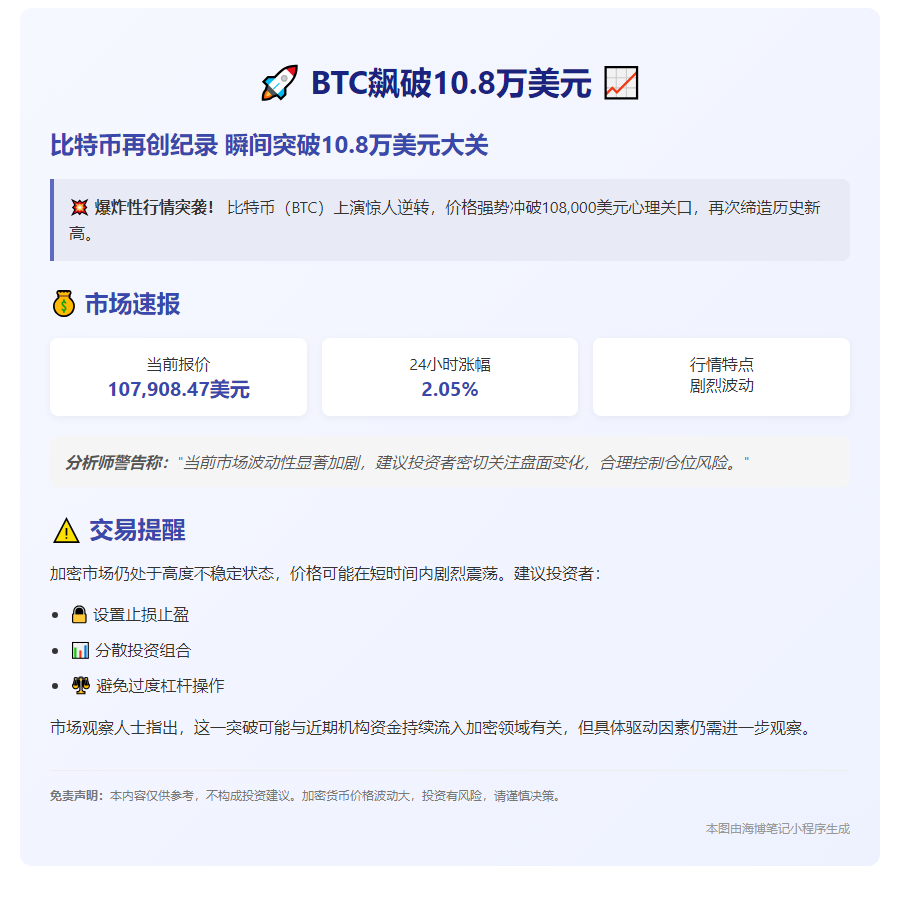 BTC飙破10.8万美元